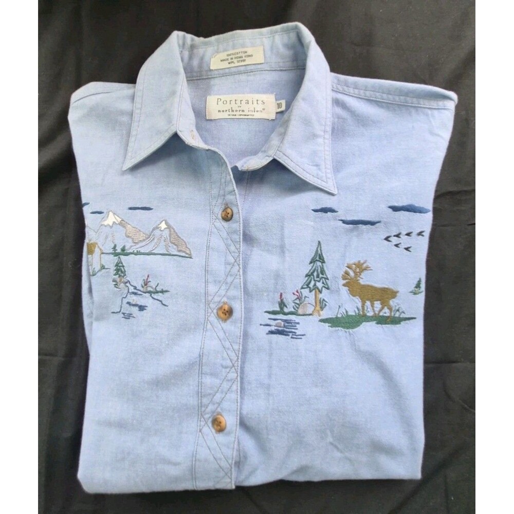 Vtg 90s Portraits by Northern Isles Embroidered Chambray Shirt Womens Size 10
